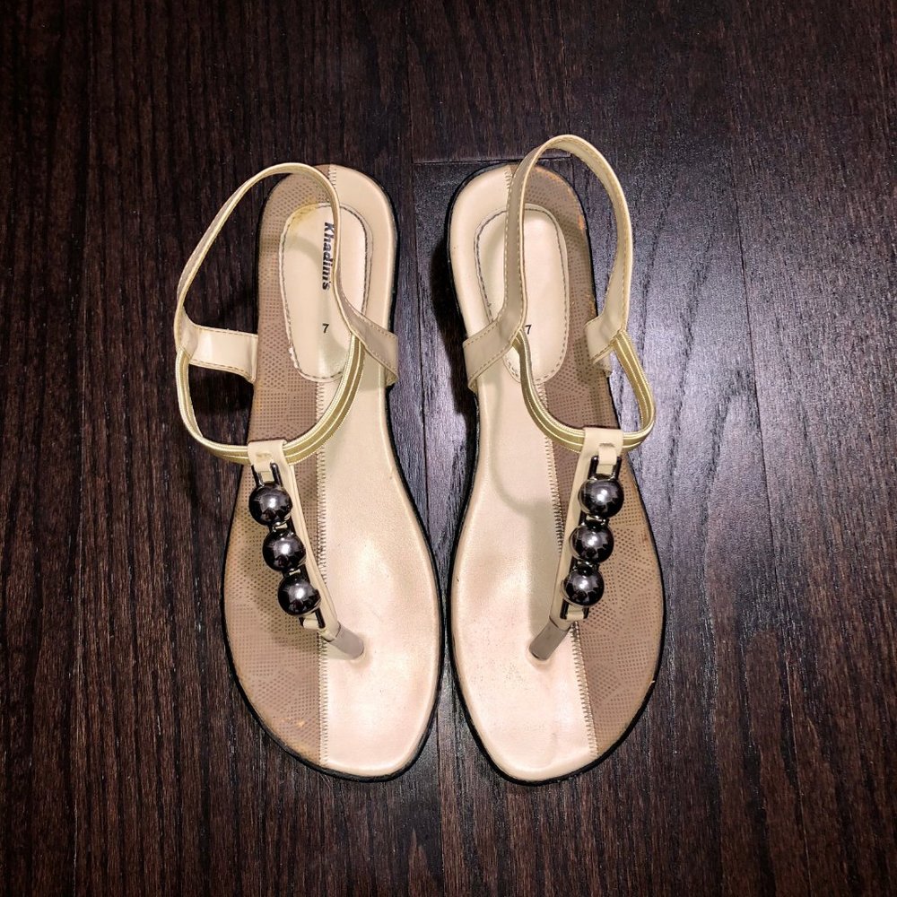 Dual Tone Beige/Tan Silver Beaded T Strap Sandals